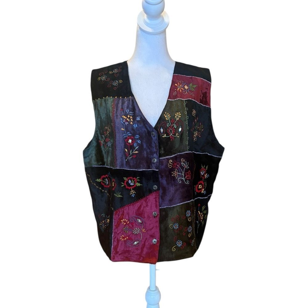 White Stag Multicolor Embroidered Velvet Patchwork Vest Vintage Y2K Womens XL